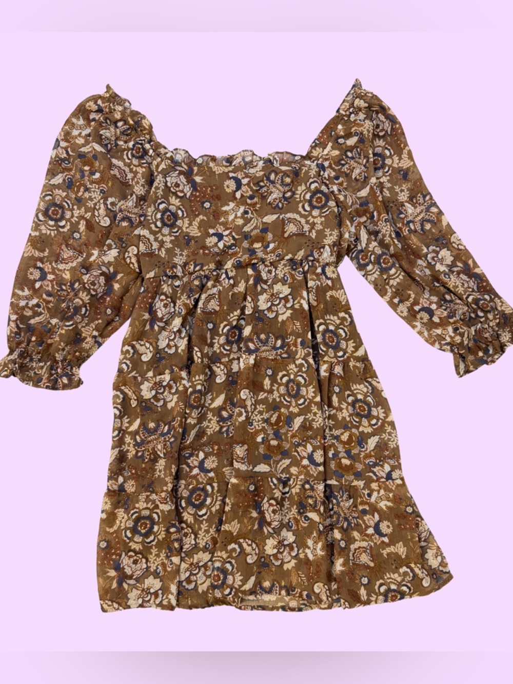 By the River Brown Floral Smocked Mini Dress with Puff Sleeves